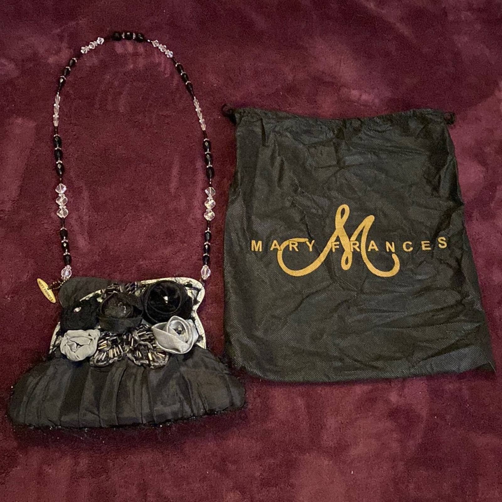 Vintage Mary Frances Black & Silver Bejeweled Rose Evening Bag With Beaded Strap